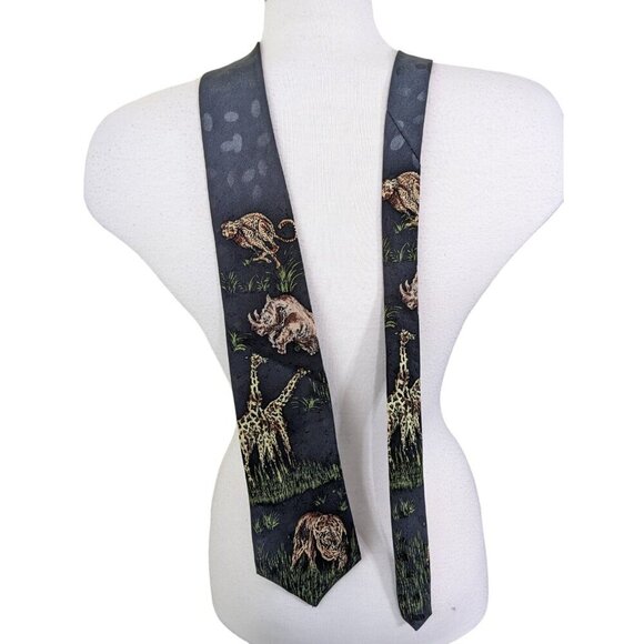 Vintage Necktie Jungle Safari Wild Animal Zoo Novelty Tie Classic Black Broadway - Picture 2 of 4